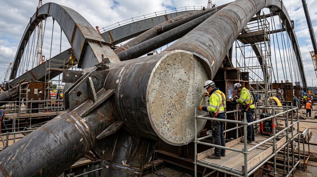 Corte de um tubo estrutural de aço mostra o núcleo preenchido com concreto usado na construção de um grande arco.