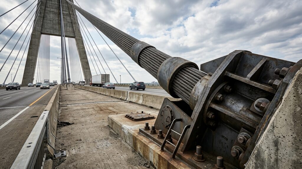 Estai tensionado conecta o tabuleiro à torre de uma ponte e transfere parte das cargas da estrutura.