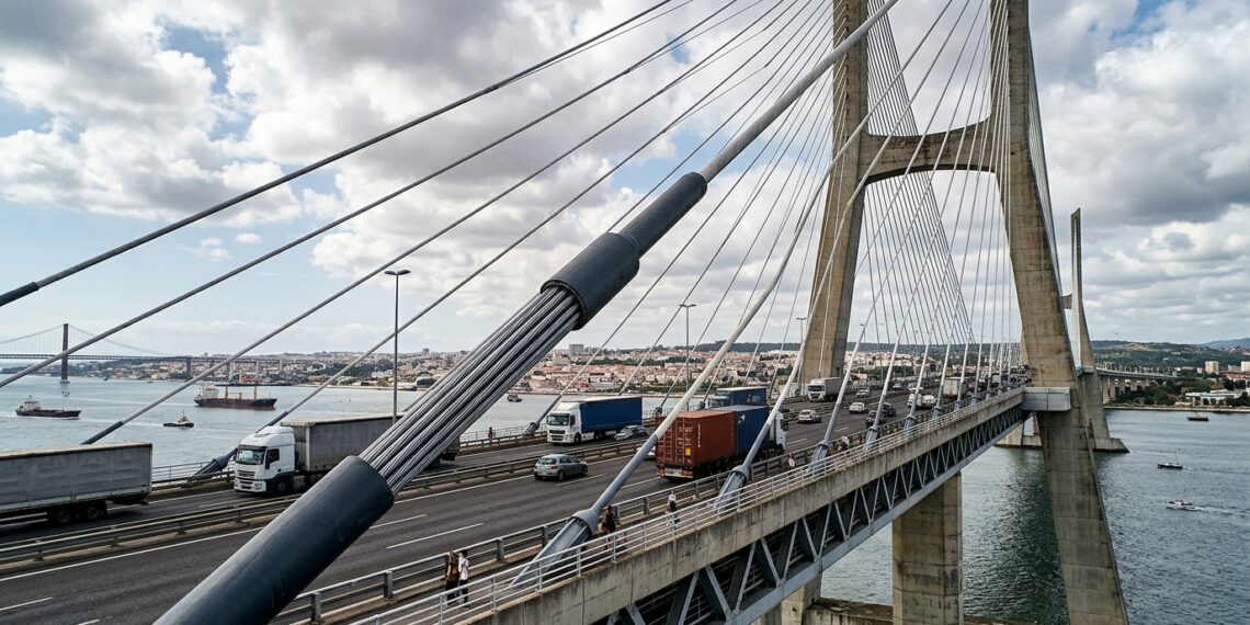 Cabos de aço de alta resistência sustentam o tabuleiro de uma grande ponte estaiada trabalhando predominantemente sob tração.