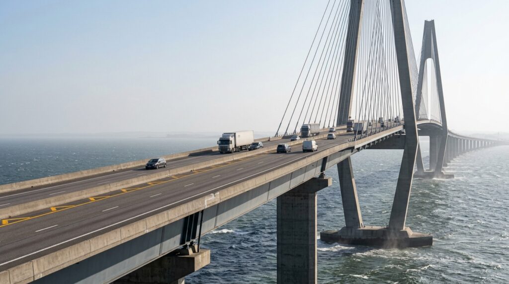 Ponte de grande vão apresenta flexão, deslocamento lateral e pequena rotação do tabuleiro sob diferentes cargas.