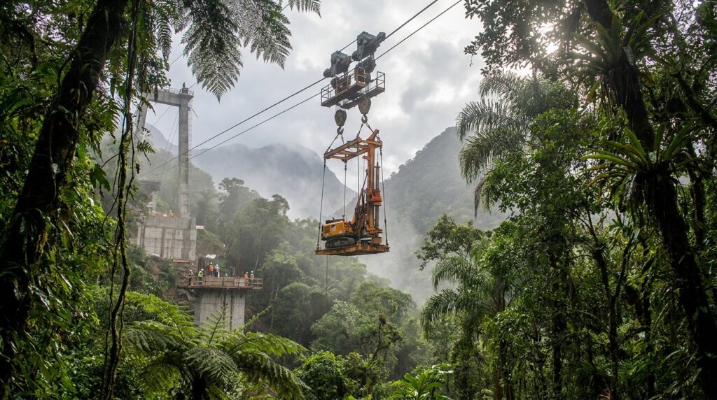 Sistema Cable Crane transporta carga suspensa entre duas encostas da serra.
