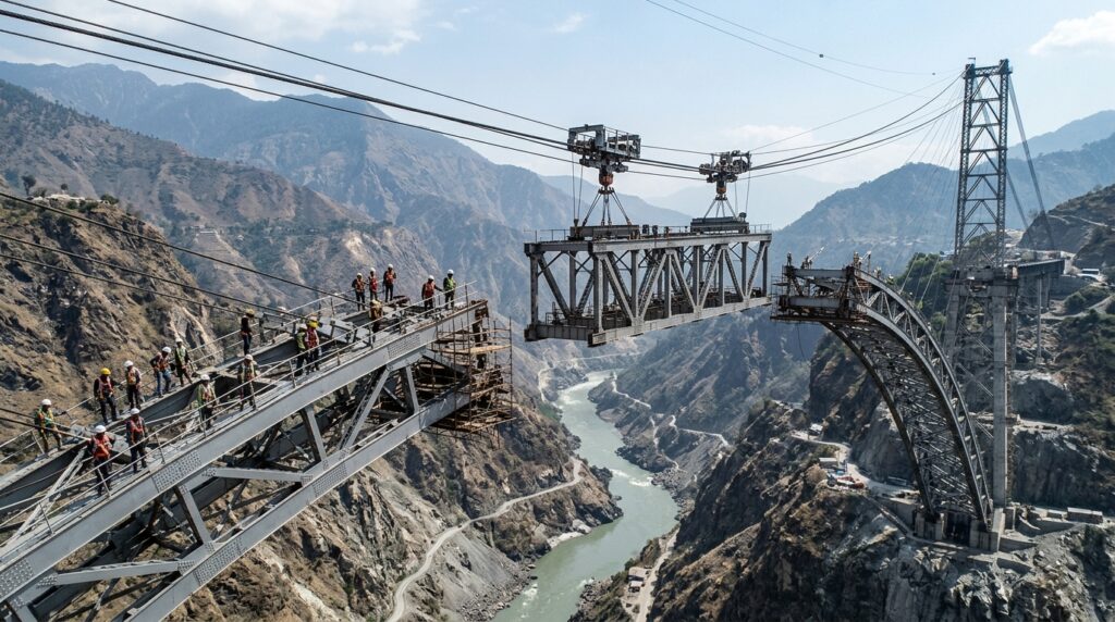 Segmento central é posicionado entre as duas metades do arco metálico da Ponte Chenab.