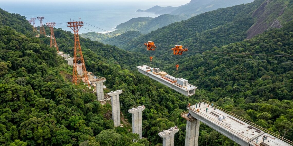 Equipamento de construção viaja suspenso por cabos acima da floresta.