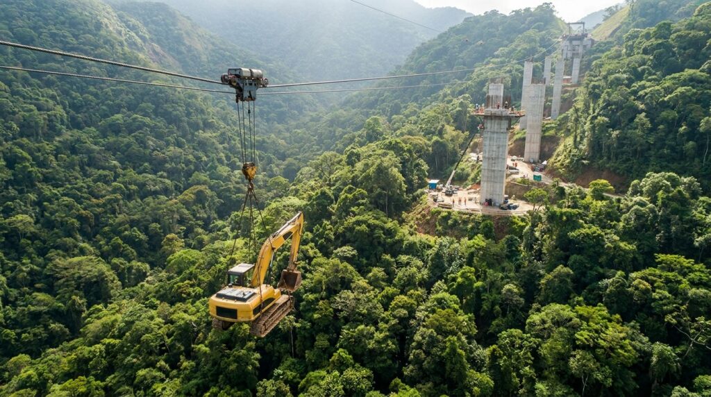 Máquina pesada é transportada por cabos sobre a Mata Atlântica na Serra do Mar.