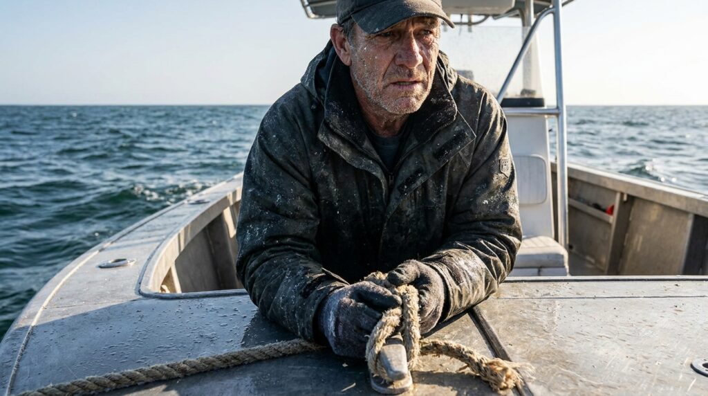 Pescador exausto com marcas de esforço físico e água salgada operando cabo de amarração no convés do barco.