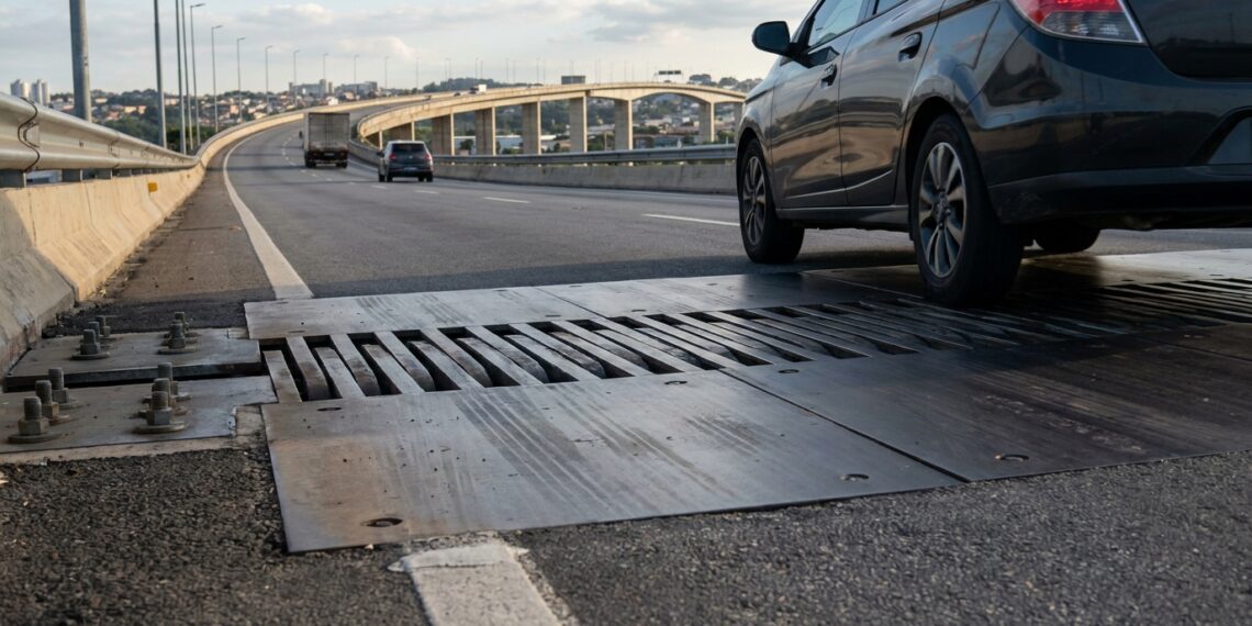 Rodas de um carro passam sobre uma junta de dilatação instalada transversalmente na pista de uma ponte.