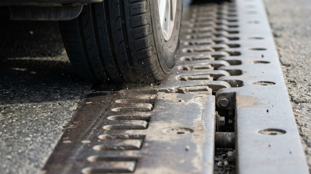 Pneu de automóvel atravessa a transição entre o asfalto e uma junta metálica de ponte.