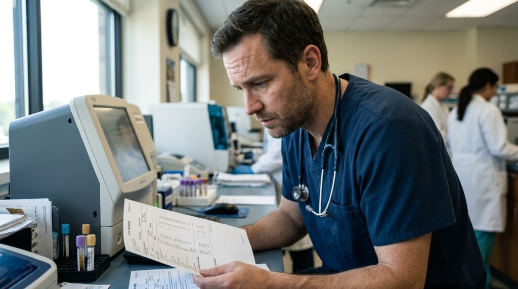 Médico cardiologista analisando laudo de perfil lipídico em ambiente de laboratório clínico
