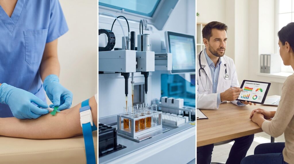 Painel em três etapas mostrando coleta de sangue, processamento em analisador bioquímico e orientação médica com o paciente