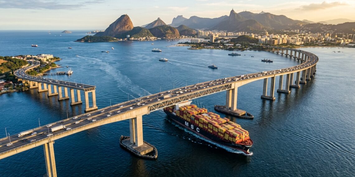 Com 13,29 km de extensão, Ponte Rio–Niterói tem vão de 300 metros sem pilares para permitir a passagem de grandes navios