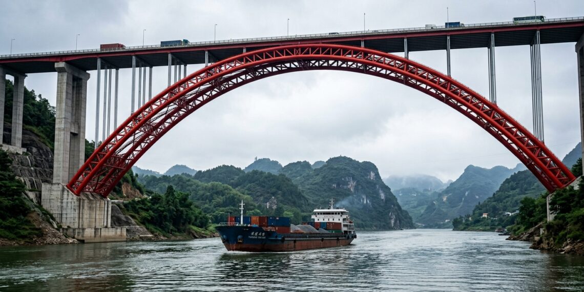 Navio passa sob o vão principal de 575 metros da Pingnan Third Bridge sem pilares intermediários no rio.
