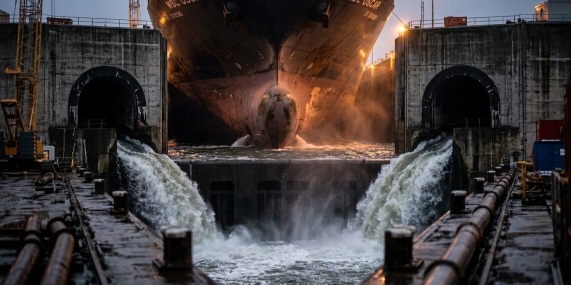 Cargueiro de grande porte posicionado no interior da câmara de eclusas do Canal do Panamá durante o processo de elevação por fluxo de água
