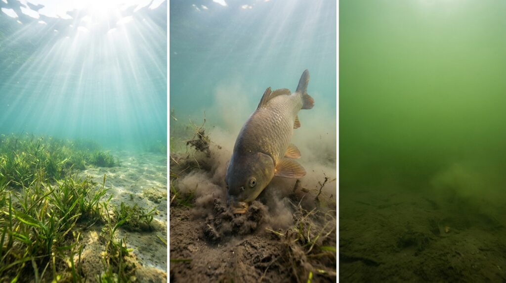 Tríptico em três painéis comparando lago límpido com plantas aquáticas, carpa revolvendo o fundo e água verde opaca com algas.