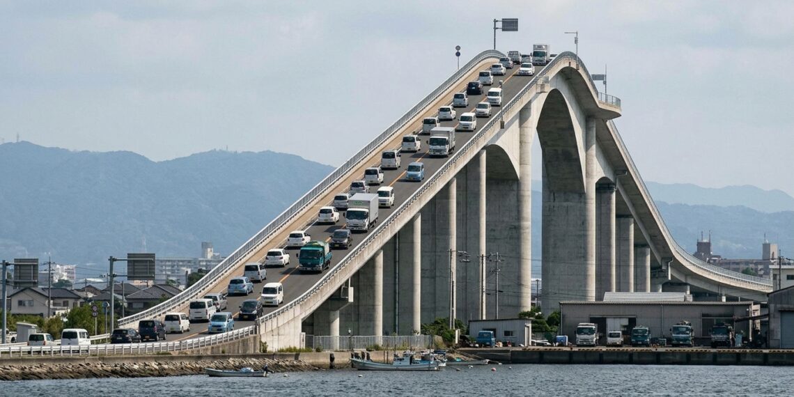 Ponte Eshima Ohashi fotografada à distância parece ter uma subida quase vertical por causa da compressão de perspectiva.
