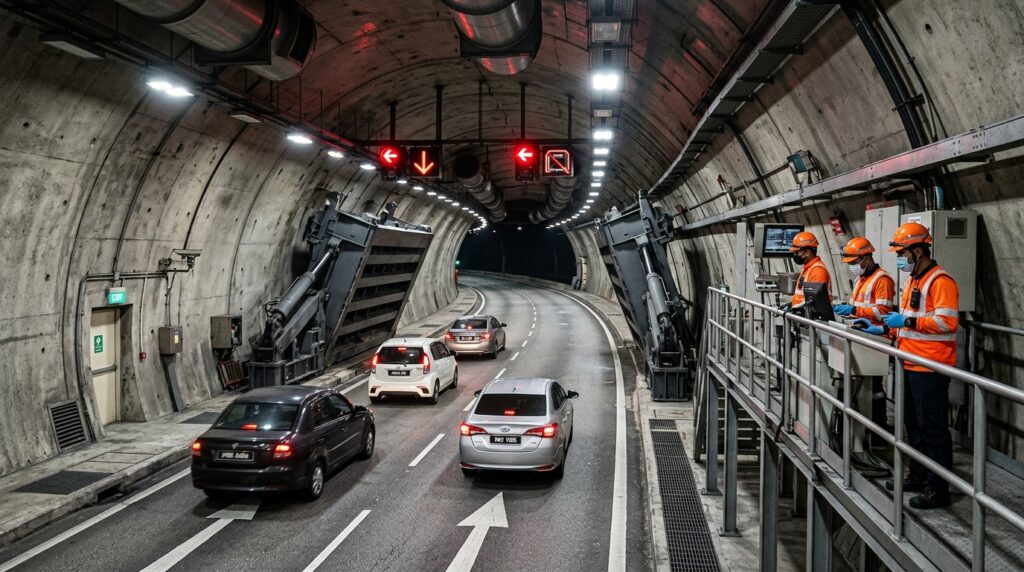 Últimos carros deixam o SMART Tunnel antes do fechamento das pistas durante uma situação de cheia extrema.