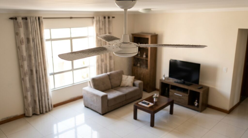Sala com chão limpo e camada de poeira acumulada nas pás de um ventilador de teto.