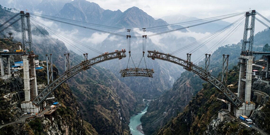Duas metades do arco da Ponte Chenab avançam sobre o desfiladeiro antes de se encontrarem no centro.