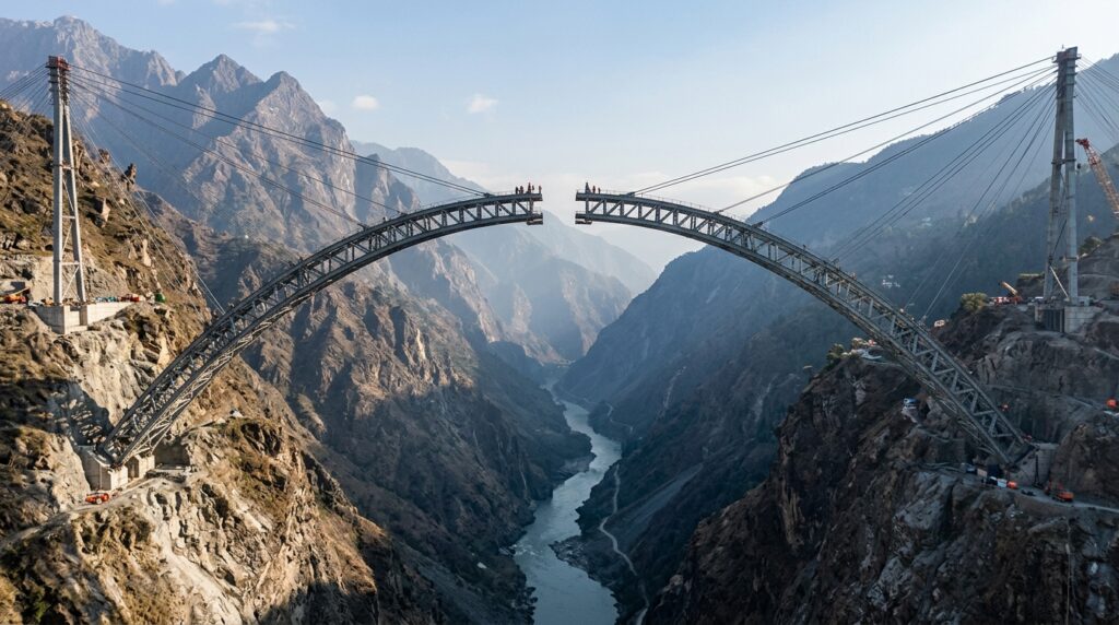 Segmento de aço é transportado por cabos sobre o vale durante a construção da Ponte Chenab.