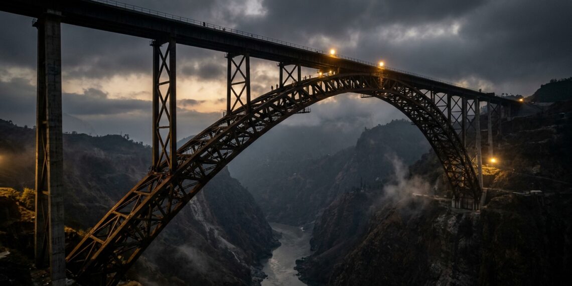 Vista aérea lateral da Chenab Rail Bridge destacando seu grande arco metálico e o tabuleiro ferroviário sobre o desfiladeiro nos Himalaias