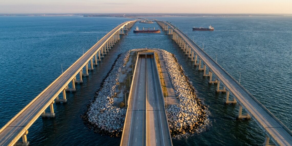 Vista aérea do Chesapeake Bay Bridge-Tunnel mostrando viadutos de concreto sobre o mar entrando em ilha artificial com portal para túnel submarino