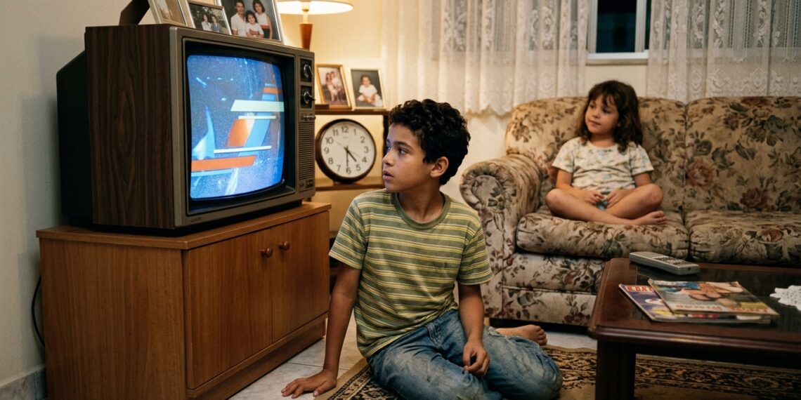Criança espera diante de uma televisão de tubo pelo início de um programa em uma sala típica dos anos 1990.