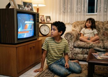 Criança espera diante de uma televisão de tubo pelo início de um programa em uma sala típica dos anos 1990.
