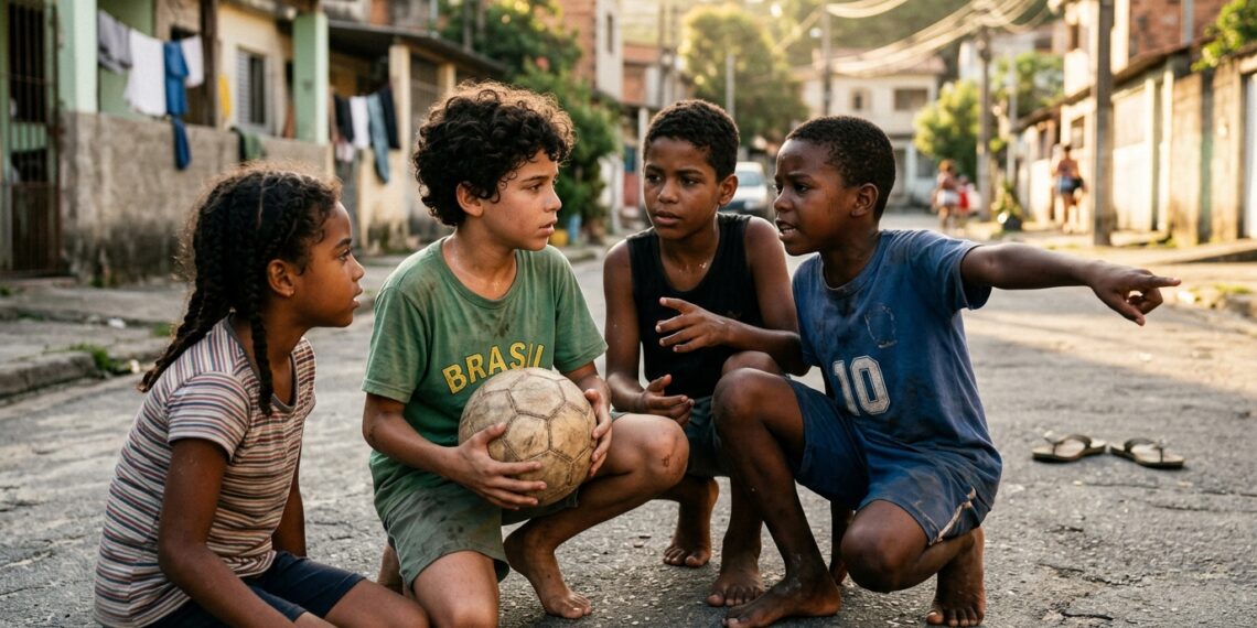 Crianças discutem uma regra durante uma partida de futebol improvisada na rua.