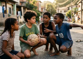 Crianças discutem uma regra durante uma partida de futebol improvisada na rua.