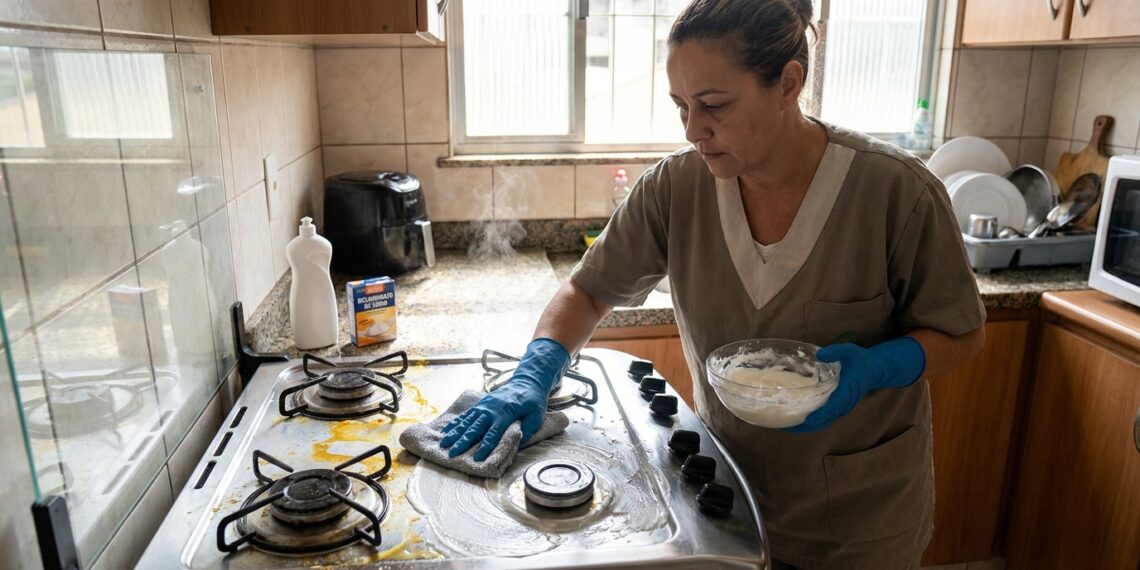 Faxineira aplica detergente com bicarbonato sobre gordura no fogão.