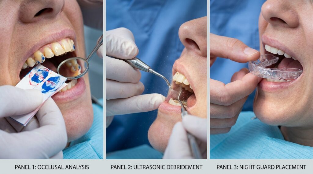Painel tríptico mostrando marcação de mordida com papel articular, raspagem ultrassônica de cálculo e adaptação de placa oclusal protetora.