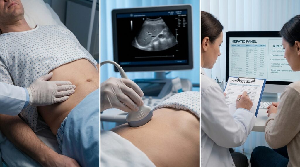 Painel em três etapas mostrando palpação médica, exame de ultrassom abdominal e análise laboratorial de transaminases