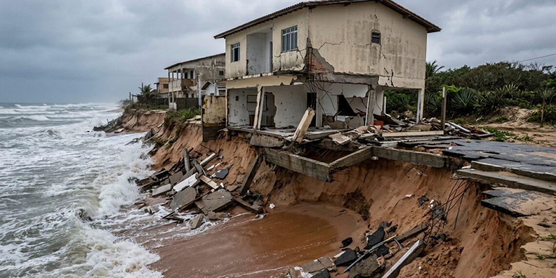 Casa parcialmente destruída em Atafona fica com fundações expostas após a erosão retirar a areia sob a construção.