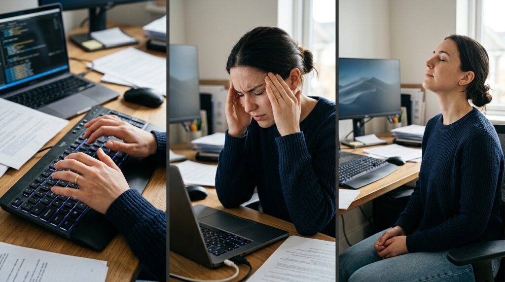 Composição em três painéis mostrando uma pessoa passando por estresse, reflexão e relaxamento.