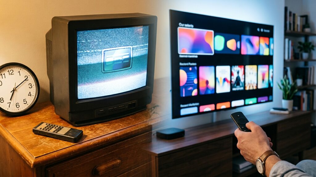 Comparing_television_eras_20260914142851-1024x572 A psicologia aponta que pessoas que cresceram esperando programas de TV em horários específicos tiveram uma experiência de antecipação muito diferente da geração do streaming