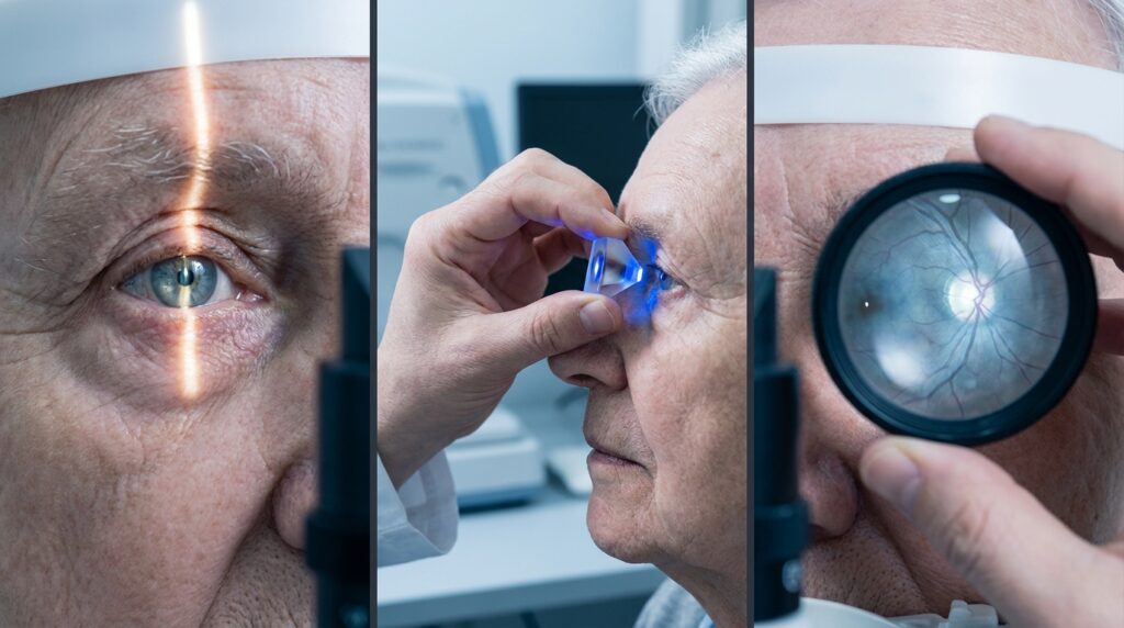 Três etapas do exame oftalmológico preventivo mostrando análise do cristalino, medição de pressão ocular e exame do nervo óptico.