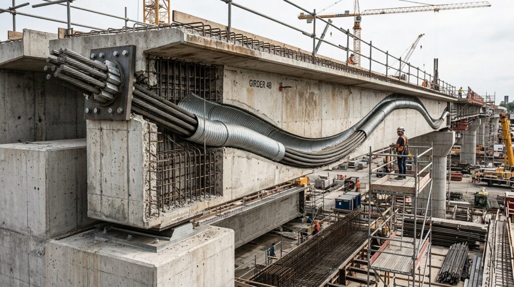 Corte técnico de uma viga de concreto mostra cordoalhas de aço passando por bainhas internas ao longo da ponte.