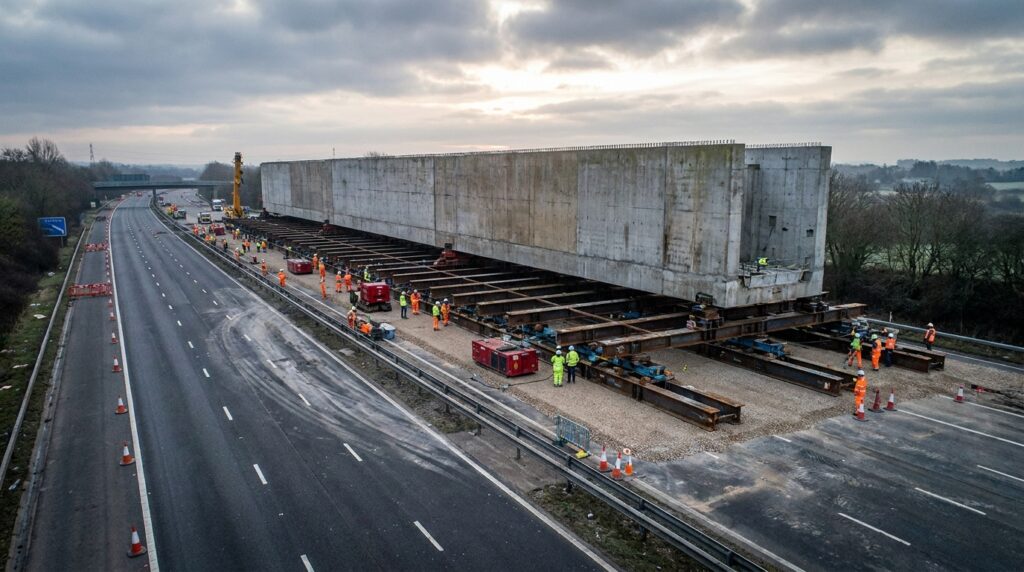 Engenheiro civil de capacete e colete refletivo monitorando o painel de controle dos macacos hidráulicos no canteiro de obras