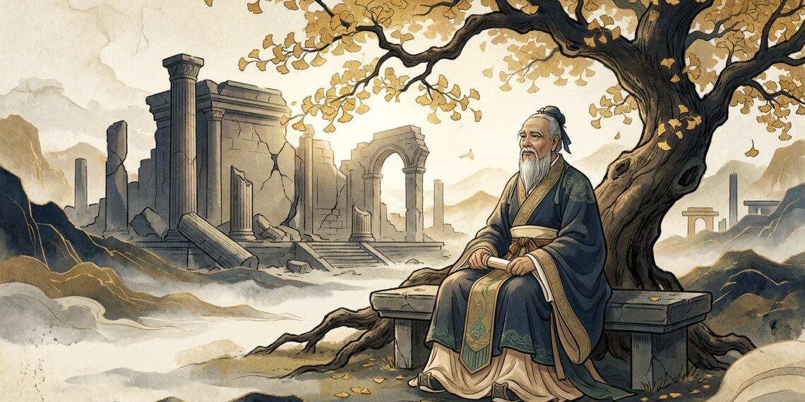 Ilustração editorial de Confúcio em vestes tradicionais contemplando ruínas de uma fortaleza ao lado de uma árvore centenária
