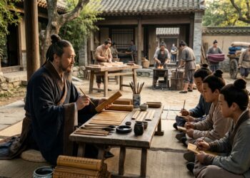 Representação de Confúcio ensinando discípulos enquanto trabalhadores realizam diferentes tarefas na China antiga.