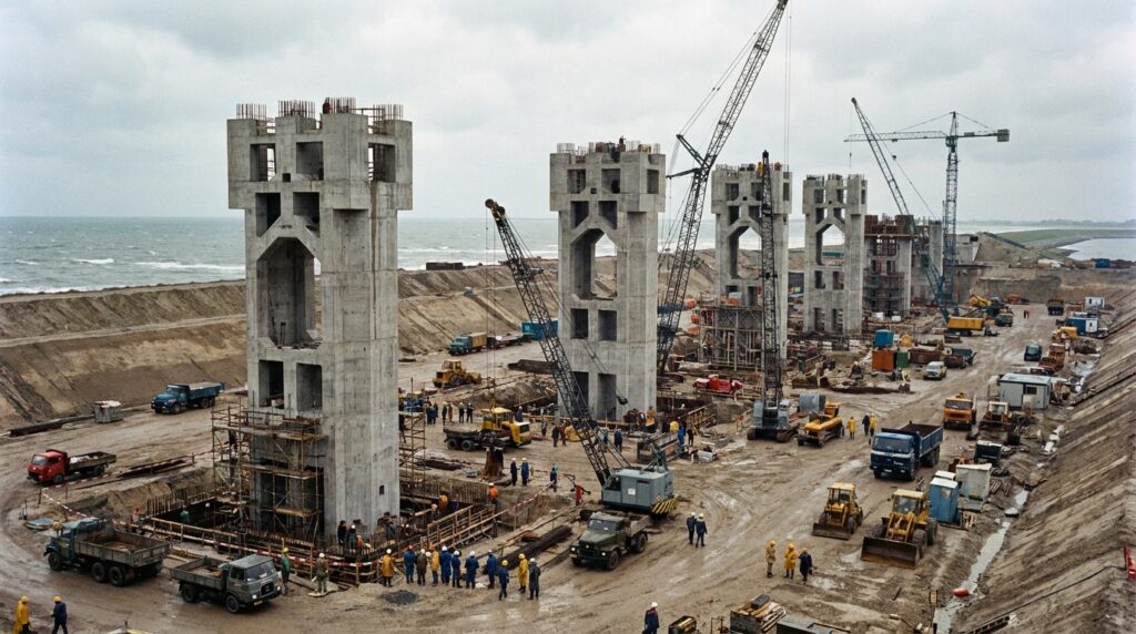 Pilares gigantes da barreira holandesa são construídos dentro de uma doca seca.