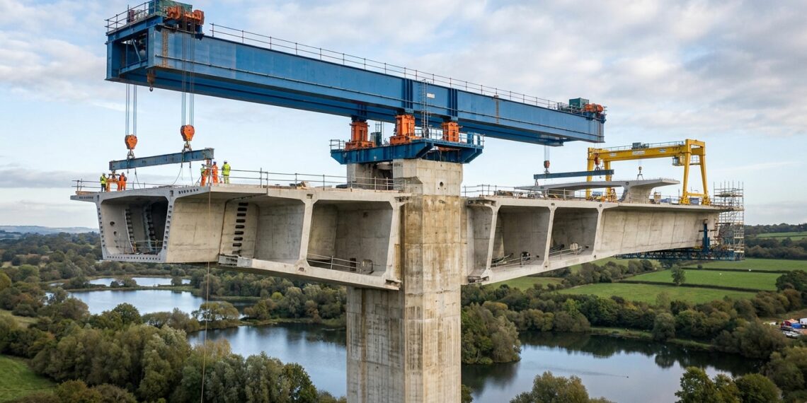 Segmentos de concreto avançam dos dois lados de um pilar do viaduto.