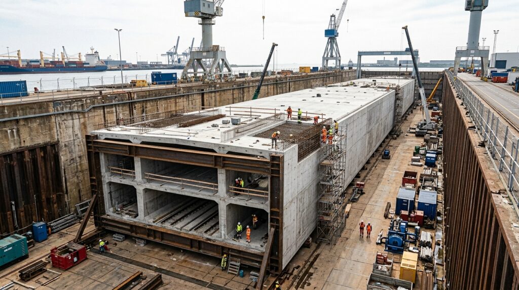 Elemento gigante de concreto do túnel de Øresund é construído em doca antes de ser levado ao mar.