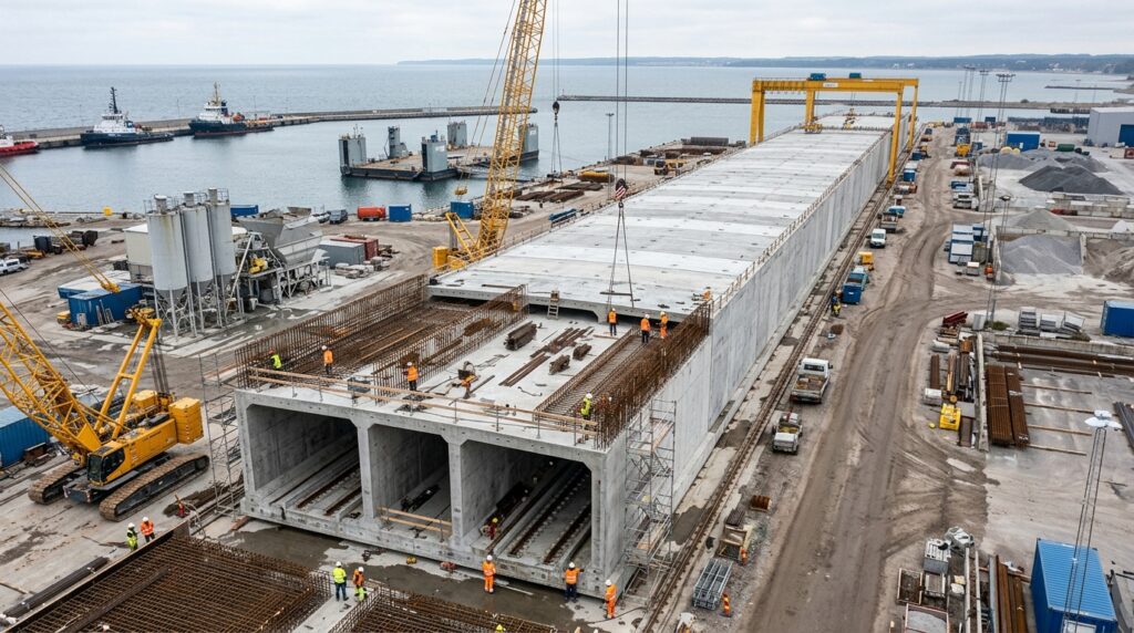Enorme elemento de concreto para túnel imerso é construído em uma instalação próxima ao mar.