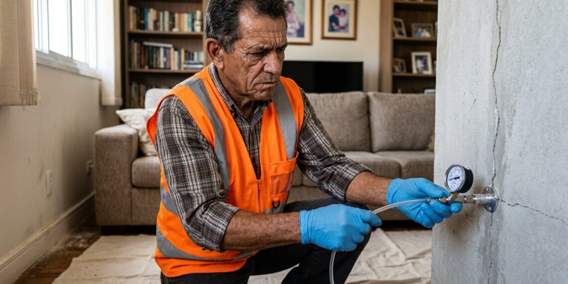 Pedreiro com luvas de proteção aplicando resina sob pressão com mangueira de injeção em trinca de parede residencial.