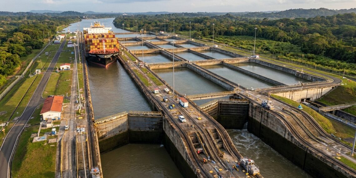 Navio atravessa nova eclusa do Canal do Panamá ao lado dos reservatórios de água.