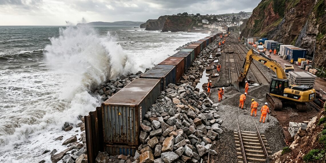 Ondas atingem a barreira provisória de contêineres enquanto equipes trabalham na ferrovia atrás dela.