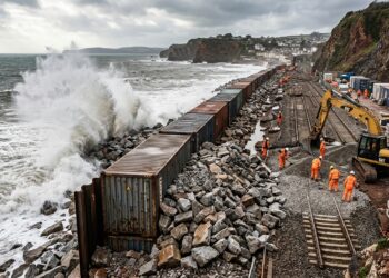 Ondas atingem a barreira provisória de contêineres enquanto equipes trabalham na ferrovia atrás dela.