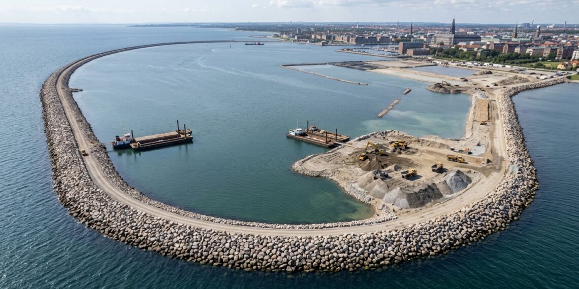 Dique de pedras delimita no mar a futura península artificial de Copenhague.