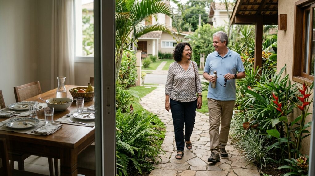 Casal com mais de 50 anos começa uma caminhada leve após o almoço.
