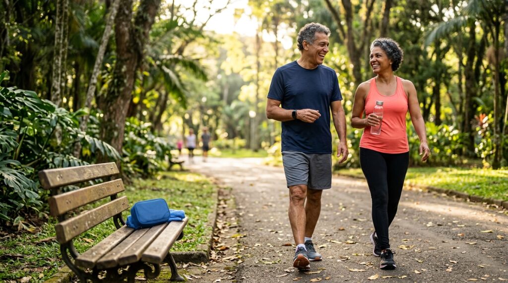 Adultos com mais de 50 anos caminham juntos em um parque como parte de uma rotina ativa.